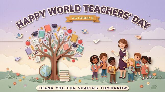 Diverse children and teacher celebrating World Teachers' Day with educational tree illustration and copy space
