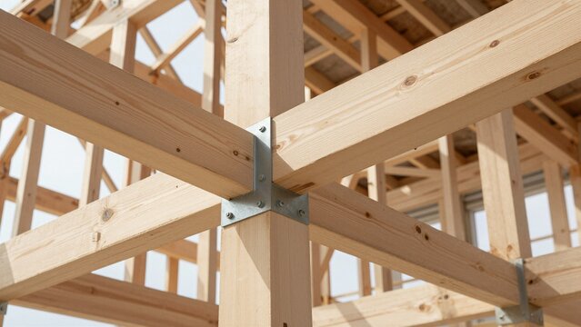 Close-up of wooden roof trusses being assembled with metal brackets on a new house frame under clear sky.