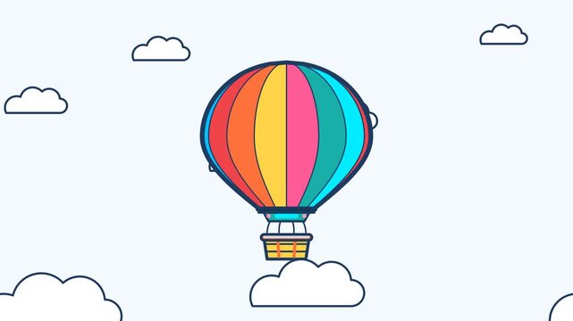 Colorful hot air balloon illustrated in a clean flat vector style with bold outlines, subtle envelope expansion and gentle suspended basket movement. Seamless looping animation for travel, tourism, ad