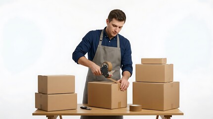 Fototapeta premium Man working in warehouse sealing cardboard shipping box with adhesive tape dispenser