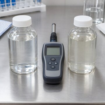 Two water samples and handheld meter prepared for comparative quality measurement