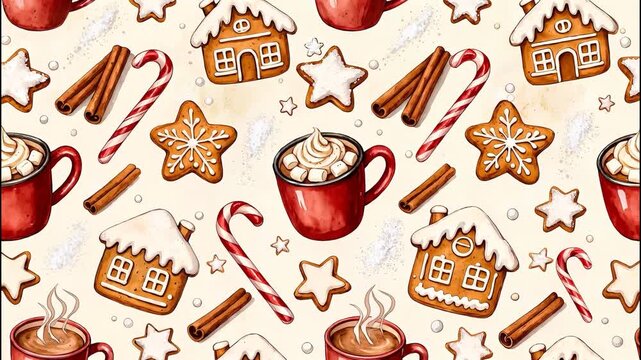 Seamless Christmas Pattern with Gingerbread Houses, Candy Canes, Cookies and Hot Cocoa
