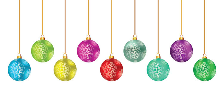 Colorful hanging Christmas balls set with snowflake pattern featuring realistic christmas baubles ornament border for holiday decoration new year banner card layout vector isolated