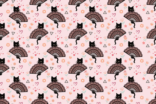 Seamless pattern featuring a black cat hiding behind an ornate lace hand fan on a soft pink background with flowers and hearts.