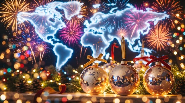 Celebration of a new year with a glowing world map and vibrant fireworks display