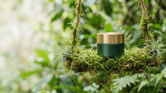 Elegant beauty concentrate displayed on a hanging moss shelf