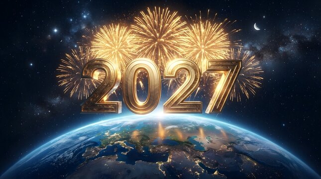 Celebratory new year fireworks display over the earth with the year 2027