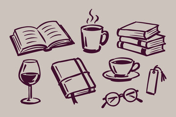 Obraz premium Books and Coffee Hand Drawn Reading Doodle Set