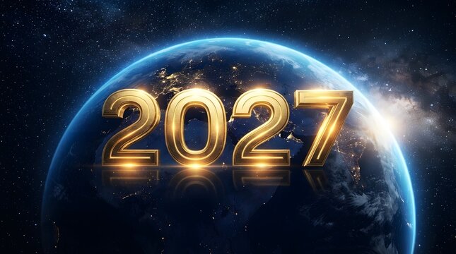 Golden 2027 new year celebration with earth background and sparkling light effects