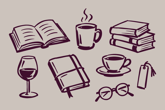 Books and Coffee Hand Drawn Reading Doodle Set