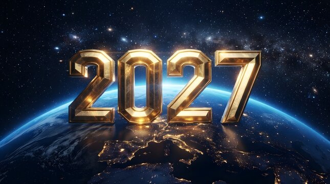 Golden 2027 new year celebration with sparkling lights and dramatic blue background