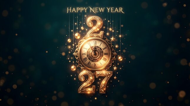 Festive golden number 2024 with sparkling lights and a dark teal background