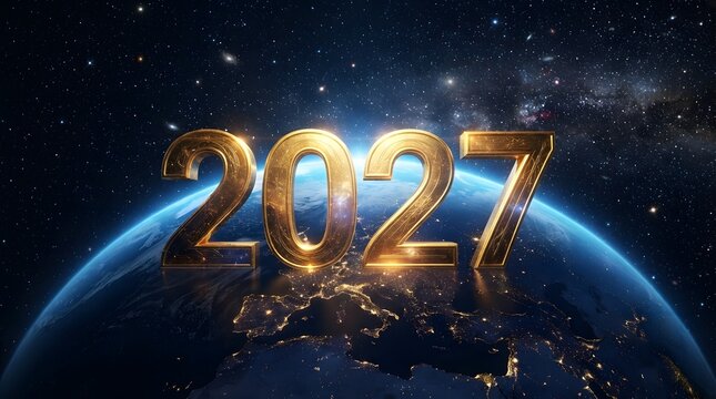 Golden new year 2027 celebration with sparkling lights and a cosmic background