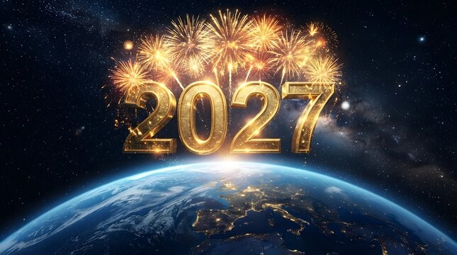 Golden 2027 new year celebration with fireworks above a glowing earth