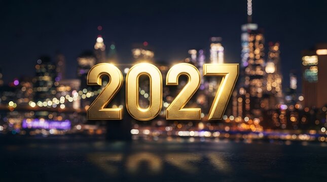Golden 2027 new year celebration with blurred city skyline background
