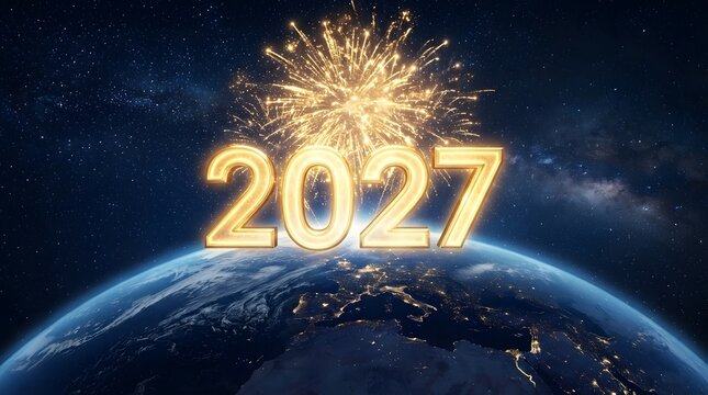 New year 2027 celebration with fireworks display over planet earth