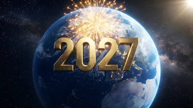 Golden 2027 new year celebration overlayed on a stunning view of earth