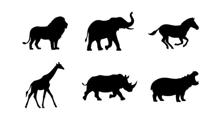 Fototapeta premium Silhouettes of wild African animals including a lion, elephant, zebra, giraffe, rhinoceros, and hippopotamus stand against a plain background.