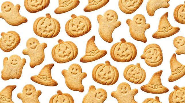 Seamless pattern of baked Halloween cookies on white
