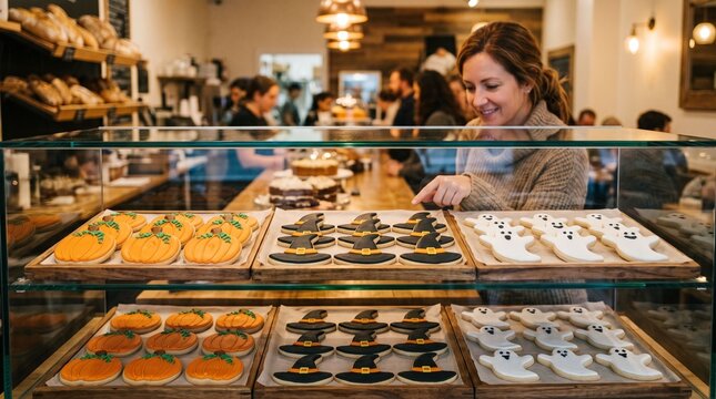 Woman choosing Halloween cookies at bakery display case