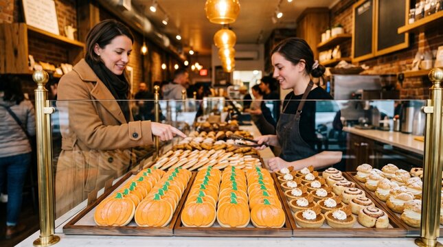 Customer buying pumpkin Halloween cookies at bakery
