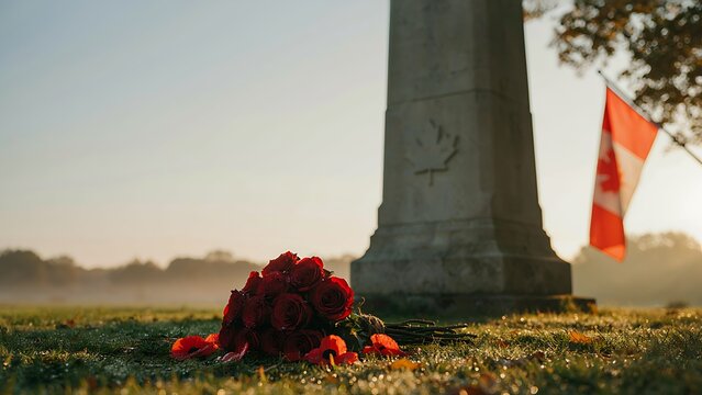 A bouquet of red roses and poppies lying on sunlit grass beside a stone war memorial in a quiet park, created with generative ai.  