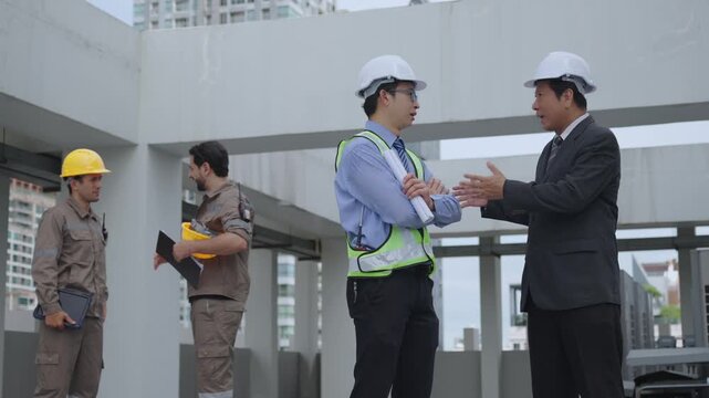 Construction worker engineer architect business meeting, industrial safety discussion with professional worker hard hat and reflective vest modern construction site examining building plans