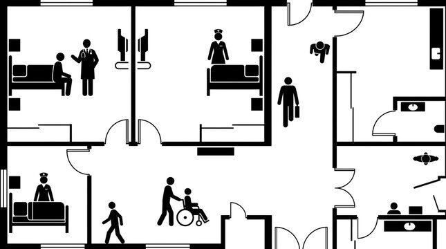 Medical clinic floor plan with staff and patients