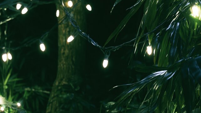 String lights wrapped around plants in a dark outdoor setting at night
