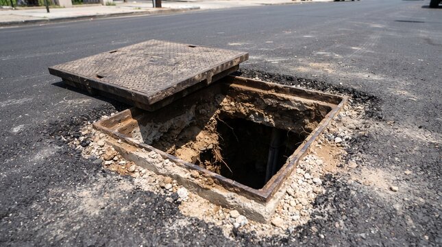 Heavy metal manhole cover open on an asphalt road during daylight revealing a deep dark underground utility access hole surrounded by loose gravel and dusty dirt in a suburban street
