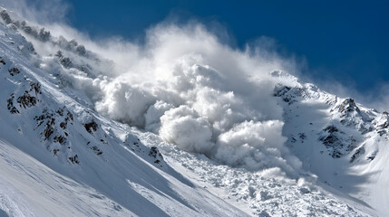 Obraz premium Dramatic avalanche cascading down steep snowy mountain slope beneath deep blue sky with swirling powder and rugged peaks