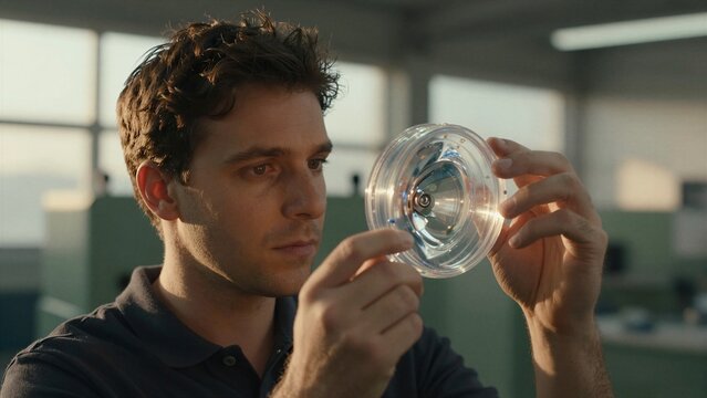 A focused engineer examines a transparent polymer part in a modern industrial lab during golden hour lighting.