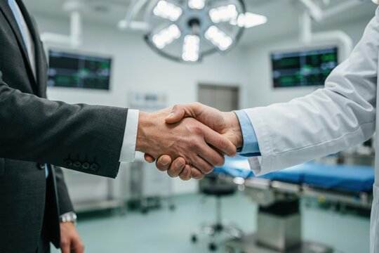 Close up of a businessman and a doctor shaking hands in a hospital operating room