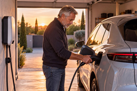 Senior Man Plugging an Electric Car into a Home Charger at Sunset Hombre mayor conectando un coche el&eacute;ctrico al cargador de casa al atardecer