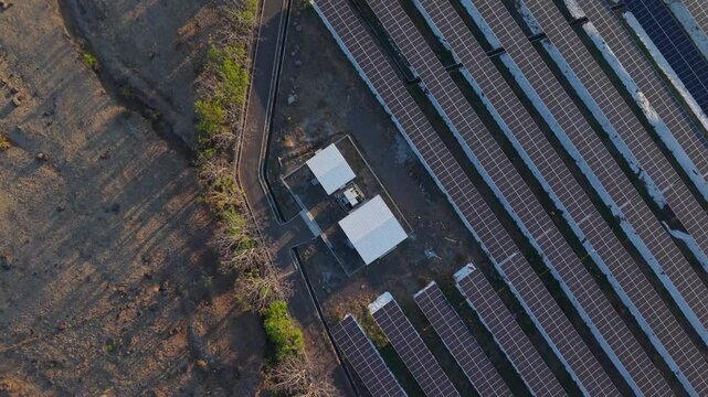Aerial view of PLTS Bali Timur solar farm with rows of photovoltaic panels and maintenance buildings in the dry landscape of Kubu, Bali, Indonesia.