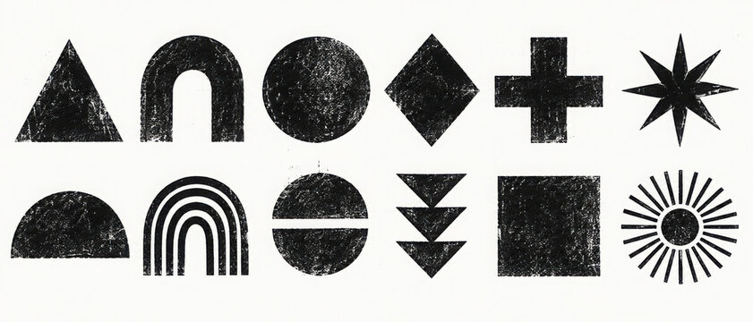 Grunge geometric shape collection with rough ink marks, linocut grain texture and distressed handmade vector elements