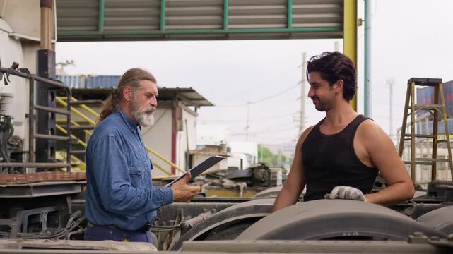 A senior logistics manager and a young truck driver shake hands next to a semi-truck, successfully finalizing a freight agreement at a busy industrial shipping yard.