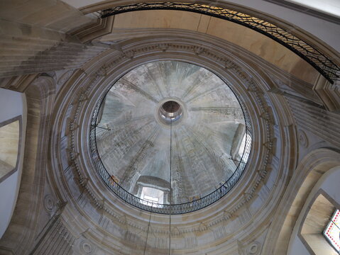 View of the ornate stone dome of the Santuario de la Virgen Peregrina with its circular balcony and architectural details in Pontevedra, Pontevedra, Spain.