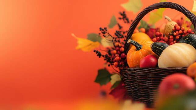 Autumn harvest basket filled with colorful pumpkins and fresh fruits
