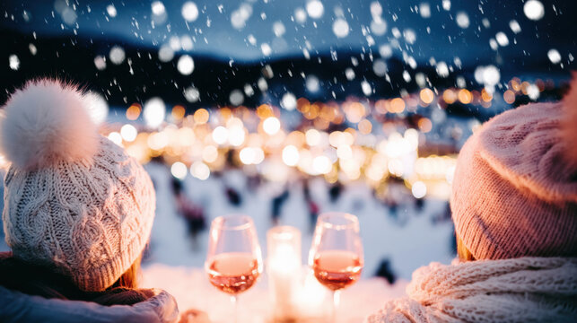 Cozy winter evening with friends enjoying wine in snowy landscape