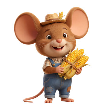Cute cartoon mouse farmer wearing a straw hat and denim overalls holding fresh corn cobs with overalls character agriculture vegetable whimsical illustration rendering anthropomorphi
