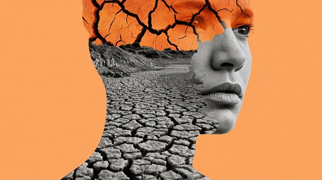 Conceptual Surreal Portrait of Woman with Cracked Dry Earth Soil