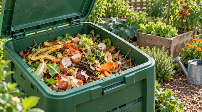 Open green compost bin filled with organic kitchen food waste in a garden. Domestic composting box with vegetable scraps