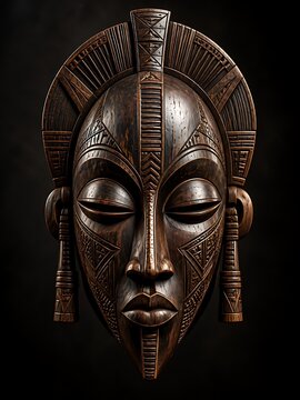 Carved ebony wood African tribal ceremonial mask with dark studio lighting
