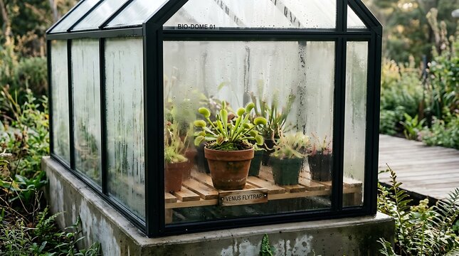 A glass greenhouse containing venus flytrap plants sitting on a wooden bench outdoors in a garden