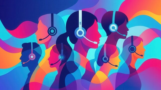 Minimalist abstract banner design showcasing a customer service concept through headset wearing woman silhouettes.