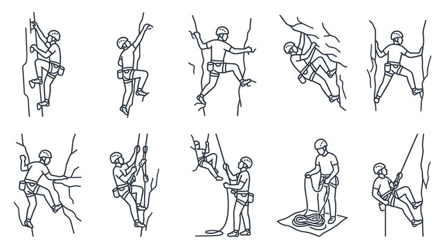 Rock climbing icons pack with mountaineer people scaling stone wall.