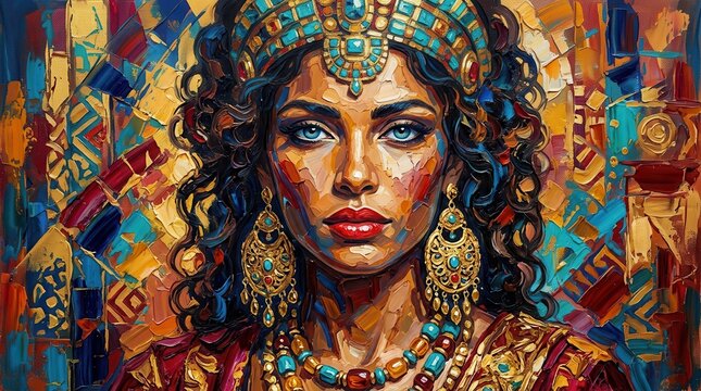Expressionistic paint-like illustration of an ancient queen with striking eyes.