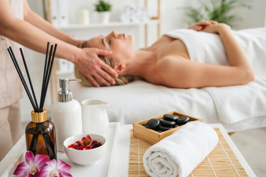 Professional massage therapist giving a relaxing head massage to a woman in a spa