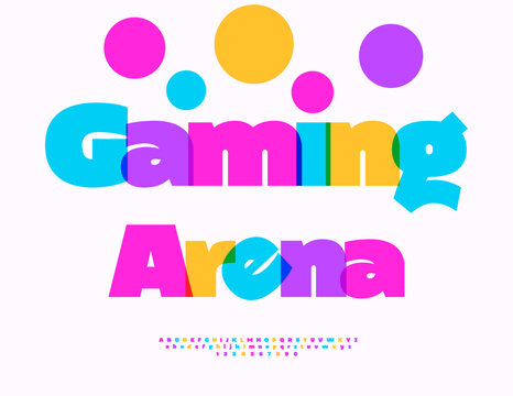 Vector Joyful flyer Gaming Area with Colorful Balls. Festive Kids Font. Bright set of Creative Alphabet Letters and Numbers. 